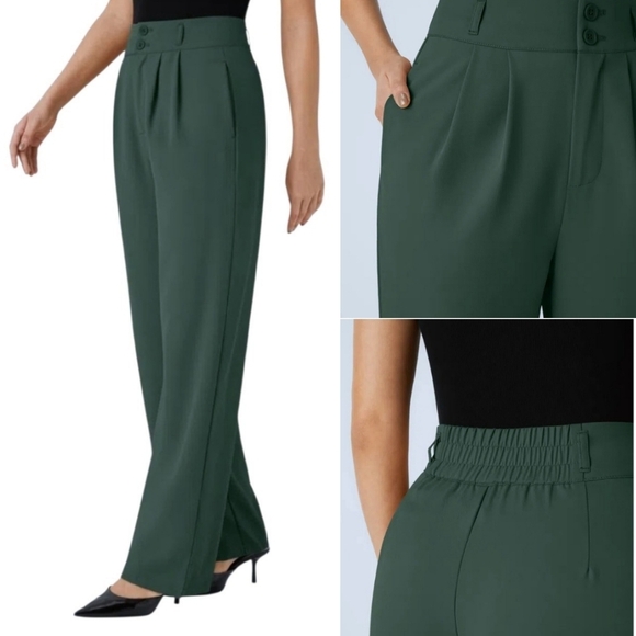 Halara High Waisted Two Button ShirredStraight Leg Pants Dark Green Size Medium - Picture 4 of 16